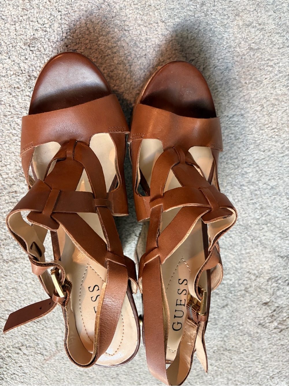 GUESS Brown Leather Woven T-Strap Sandals